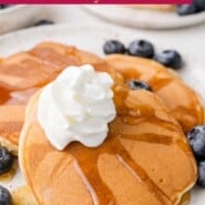 Sweet Cream Pancakes Pinterest graphic with text and photos.