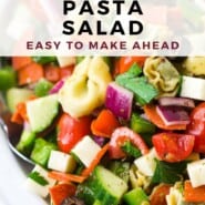 Tortellini Pasta Salad Pinterest graphic with text and photos.
