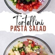 Tortellini Pasta Salad Pinterest graphic with text and photos.