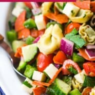 Tortellini Pasta Salad Pinterest graphic with text and photos.