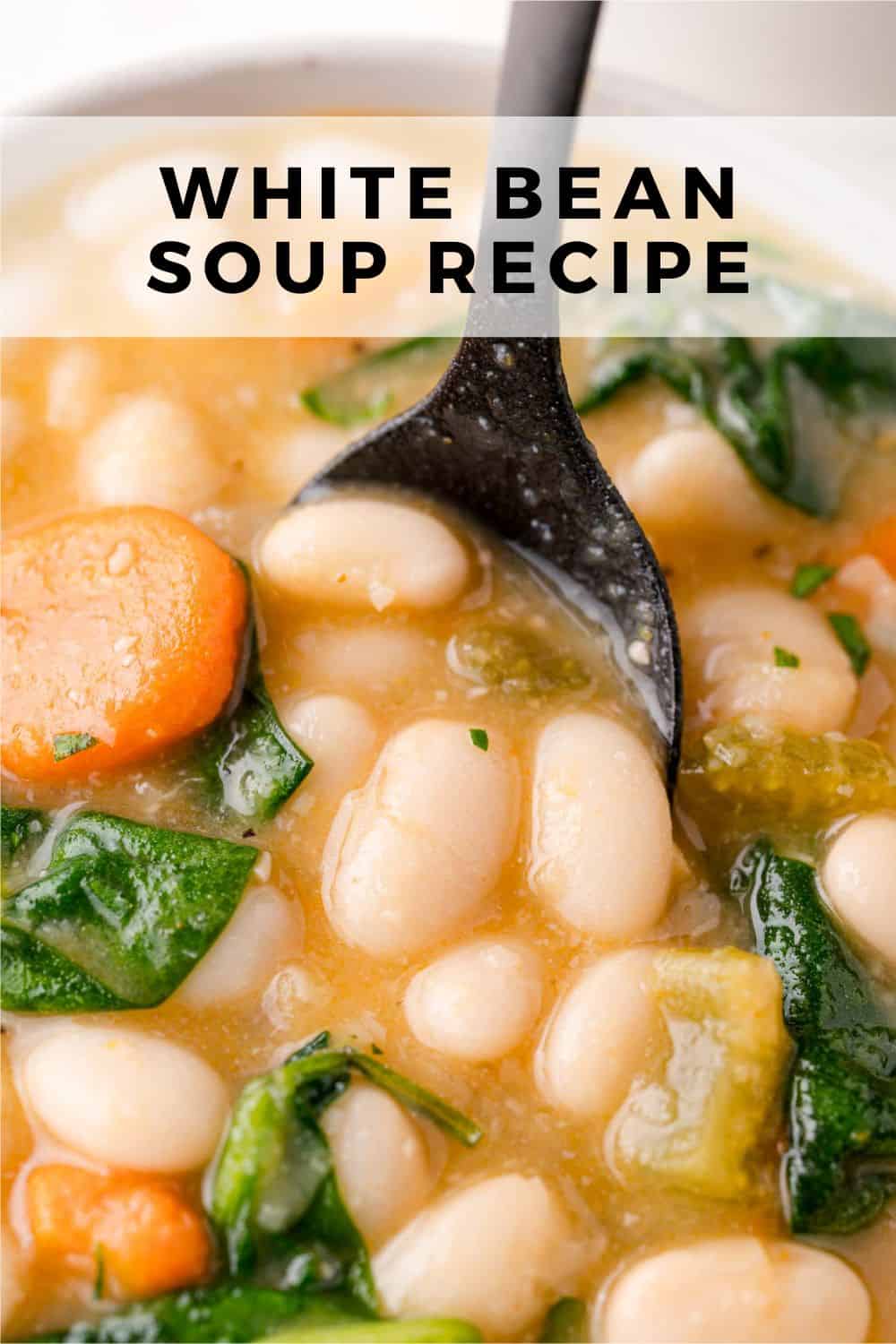 White Bean Soup Pinterest graphic with text and photos.