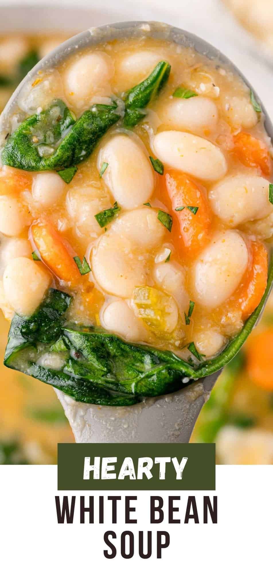 White Bean Soup Pinterest graphic with text and photos.