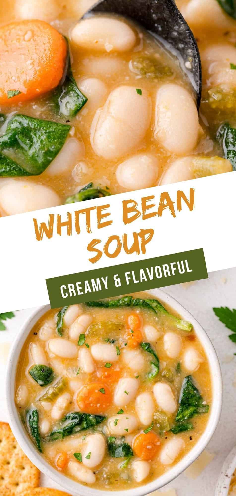White Bean Soup Pinterest graphic with text and photos.