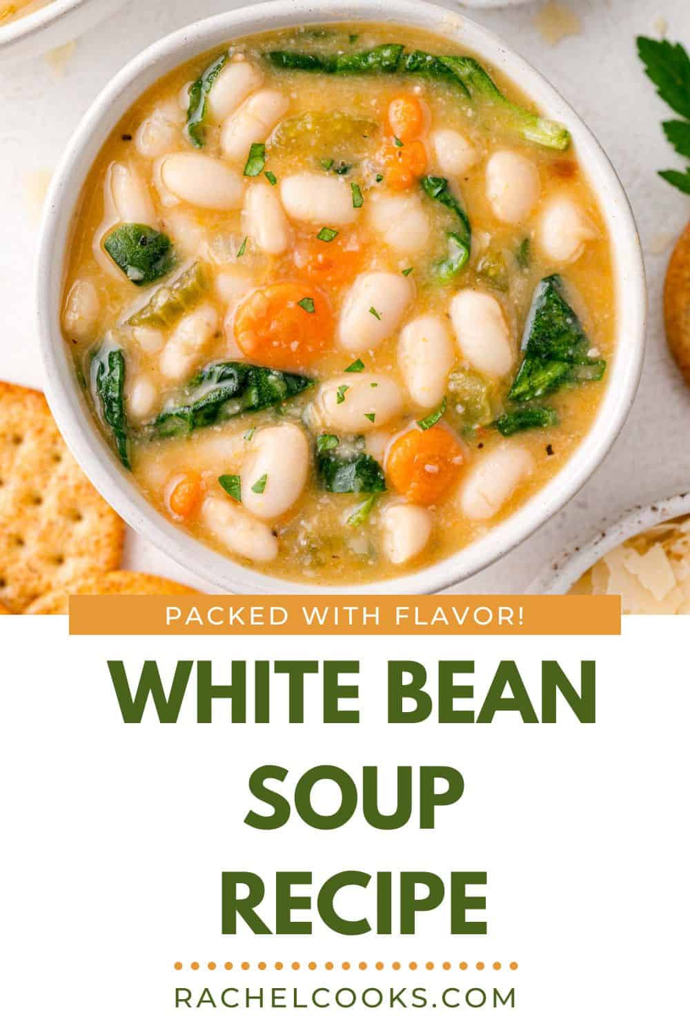 White Bean Soup Pinterest graphic with text and photos.