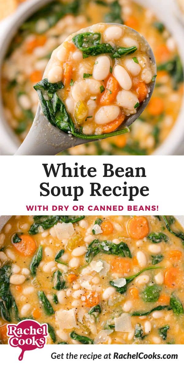 White Bean Soup Pinterest graphic with text and photos.