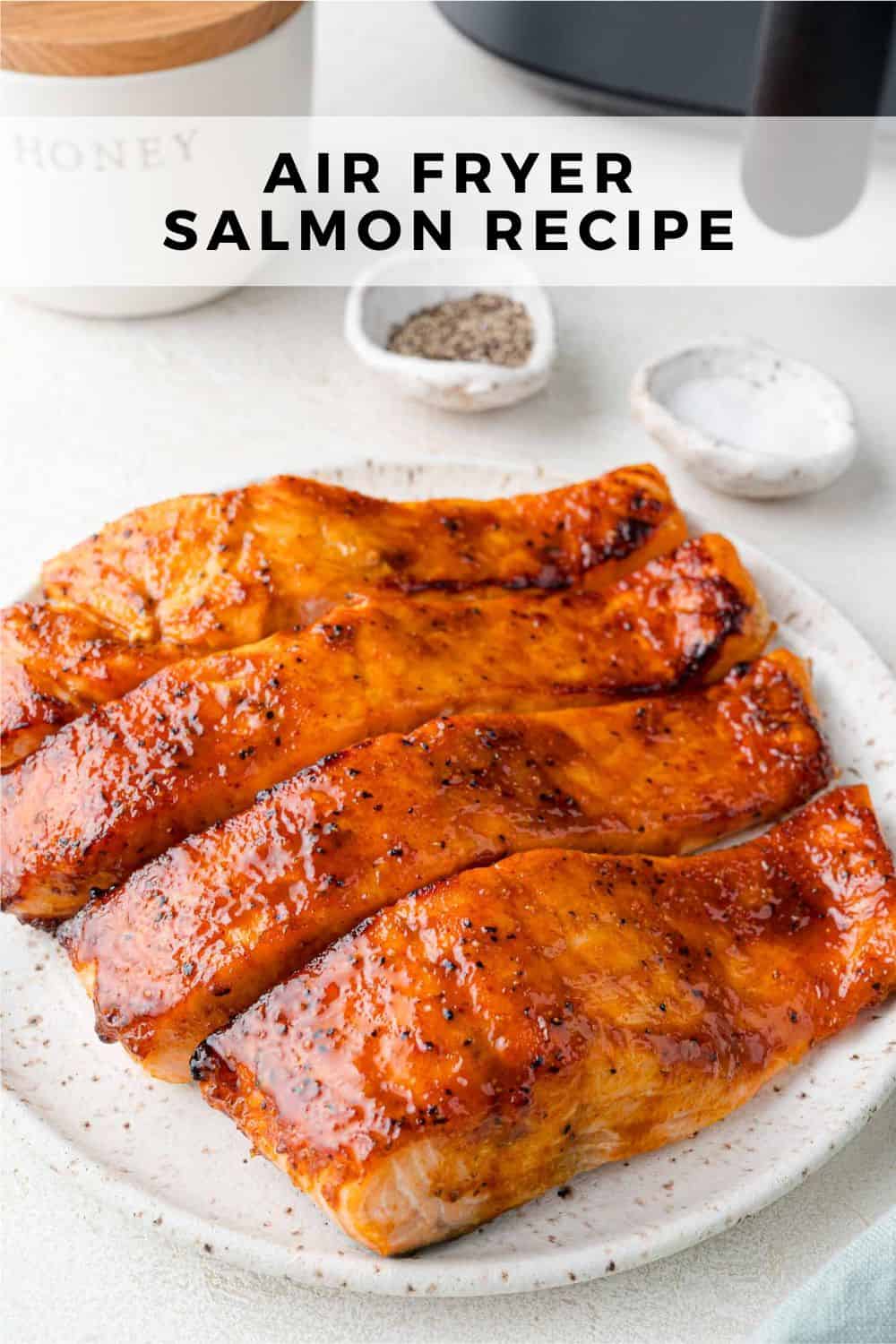 Air Fryer Salmon Pinterest graphic with text and photos.