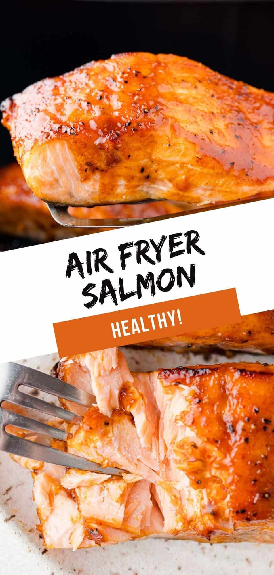 Air Fryer Salmon Pinterest graphic with text and photos.