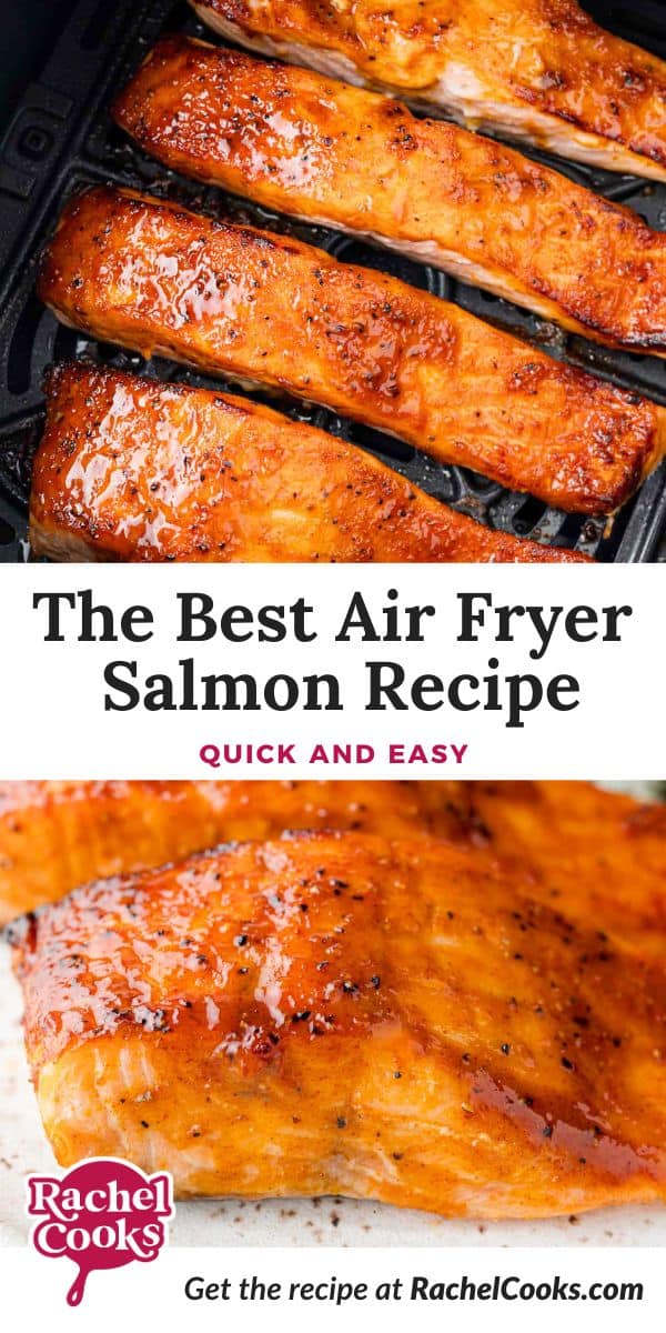 Air Fryer Salmon Pinterest graphic with text and photos.