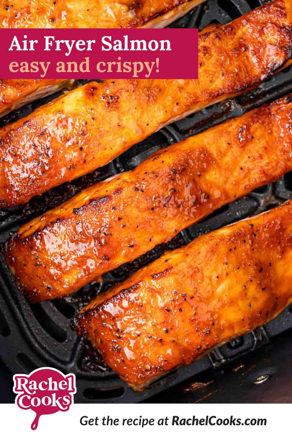 Air Fryer Salmon Pinterest graphic with text and photos.
