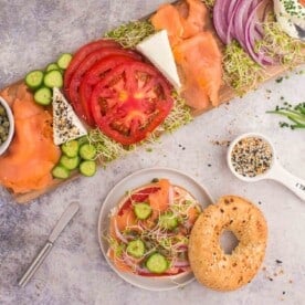 Bagel with smoked salmon, cucumber, tomato, onion, alfalfa sprouts, and cream cheese on a plate, next to a wooden board with more toppings, on a gray surface.