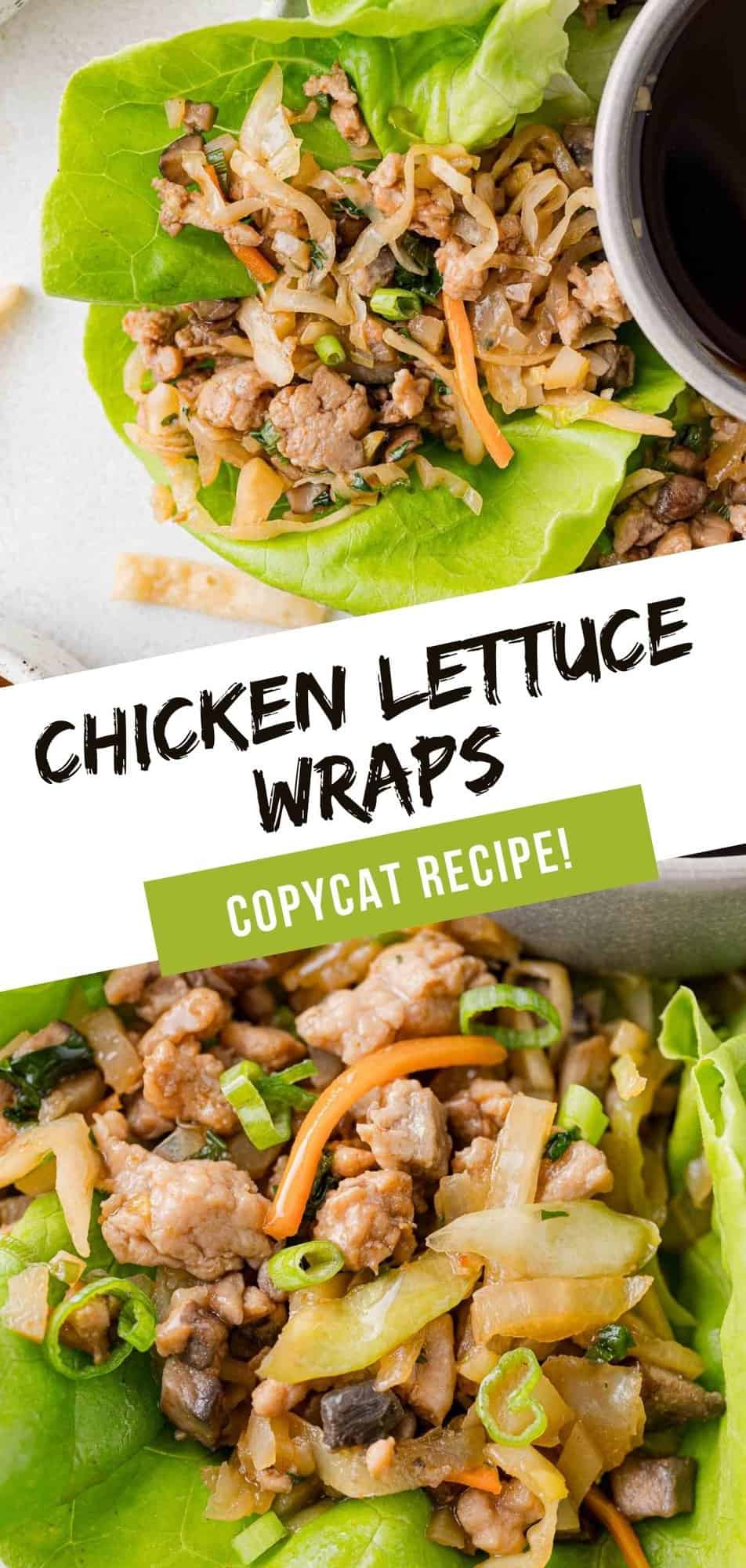Chicken lettuce wraps Pinterest graphic with text and photos.