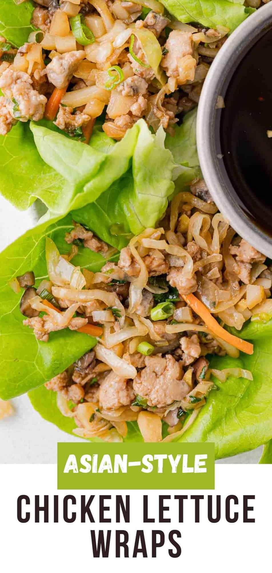 Chicken lettuce wraps Pinterest graphic with text and photos.