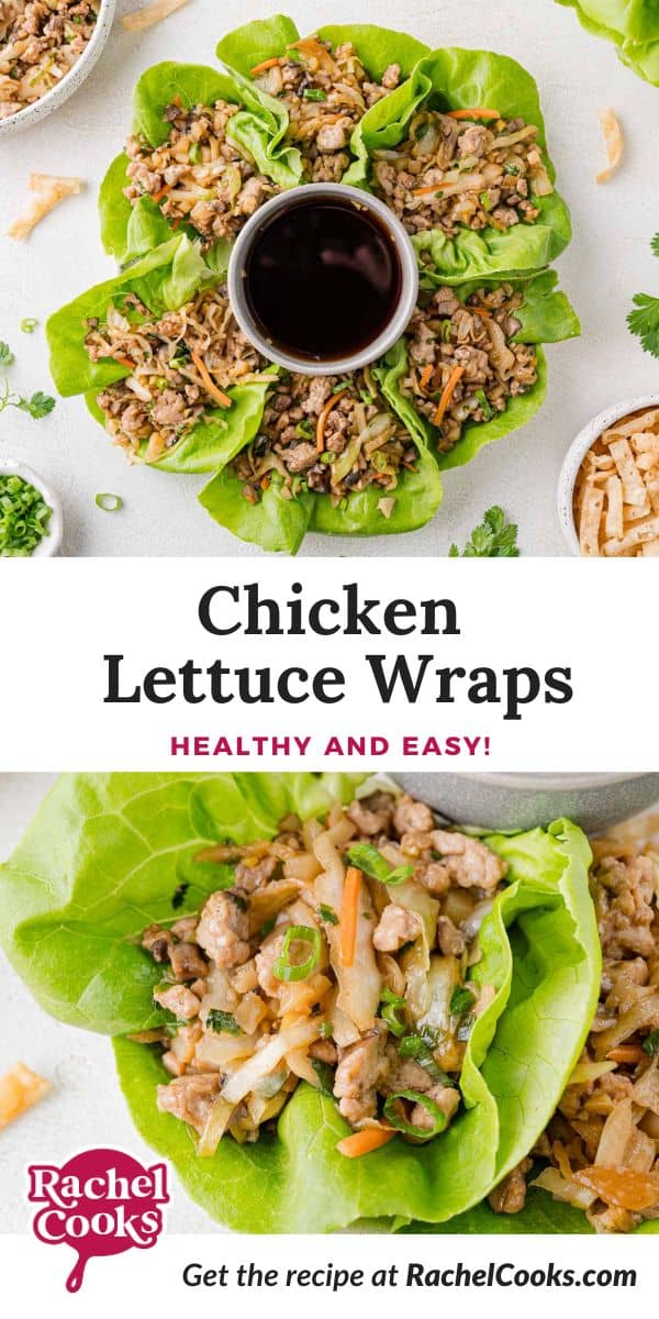 Chicken lettuce wraps Pinterest graphic with text and photos.