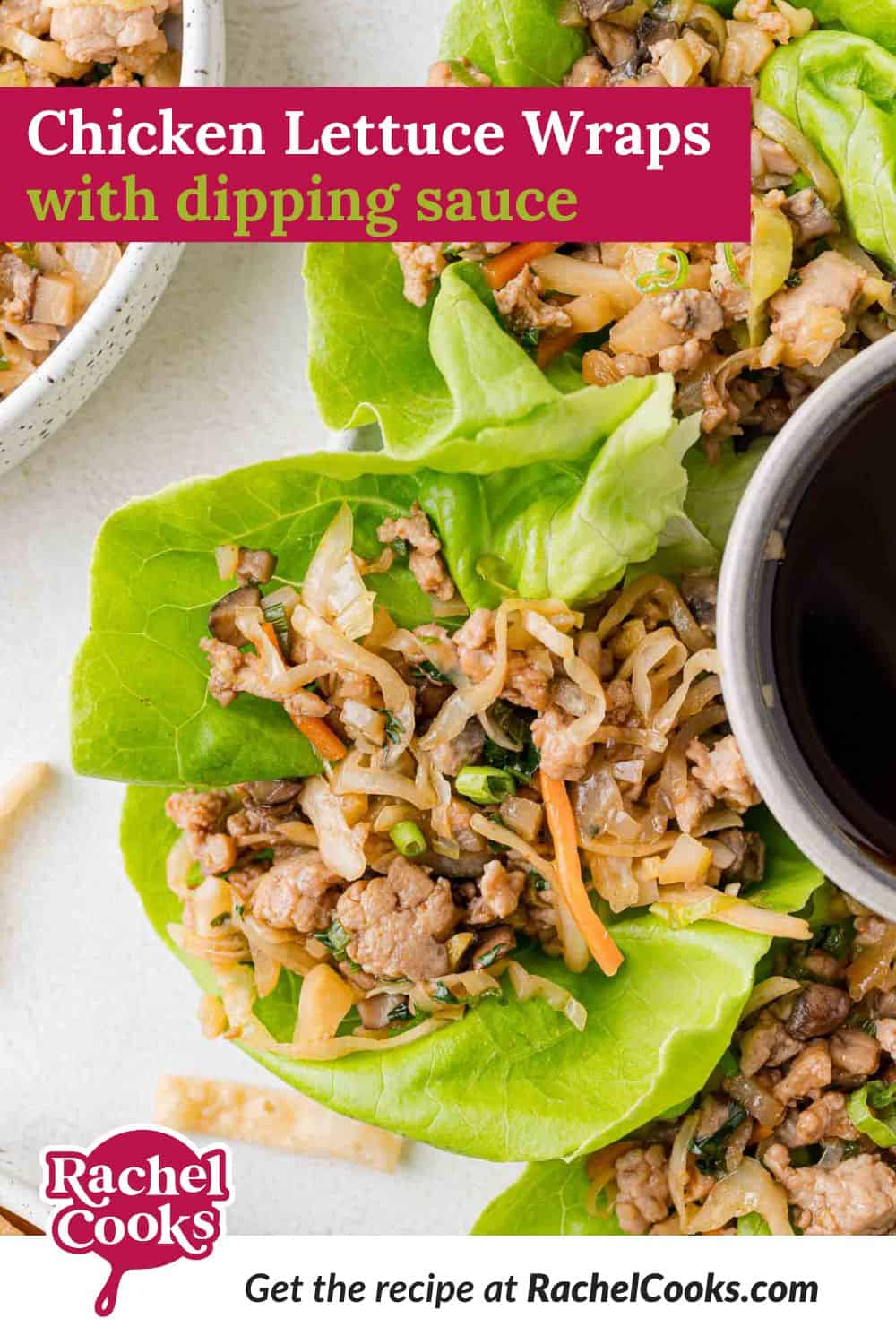 Chicken lettuce wraps Pinterest graphic with text and photos.