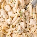 Close-up of creamy pasta with penne, chunks of chicken, and parsley garnish.