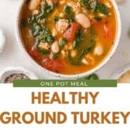 Ground turkey soup Pinterest graphic with text and photos.