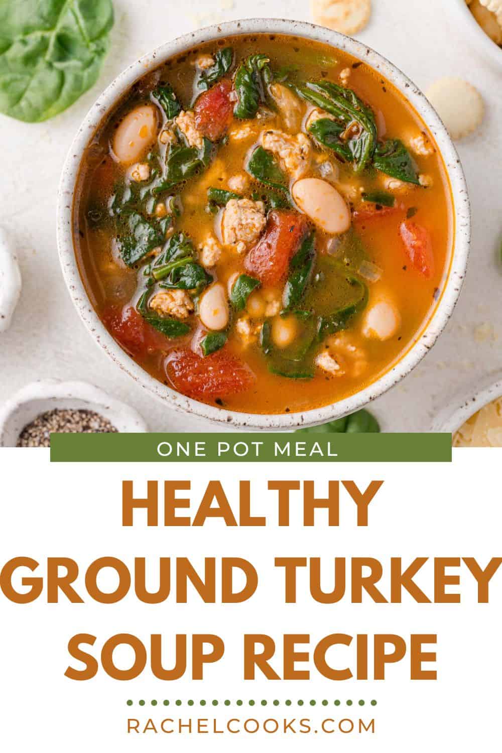 Ground turkey soup Pinterest graphic with text and photos.