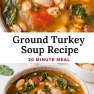 Ground turkey soup Pinterest graphic with text and photos.
