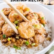 Honey Walnut Shrimp Pinterest graphic with text and photos.