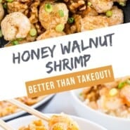 Honey Walnut Shrimp Pinterest graphic with text and photos.