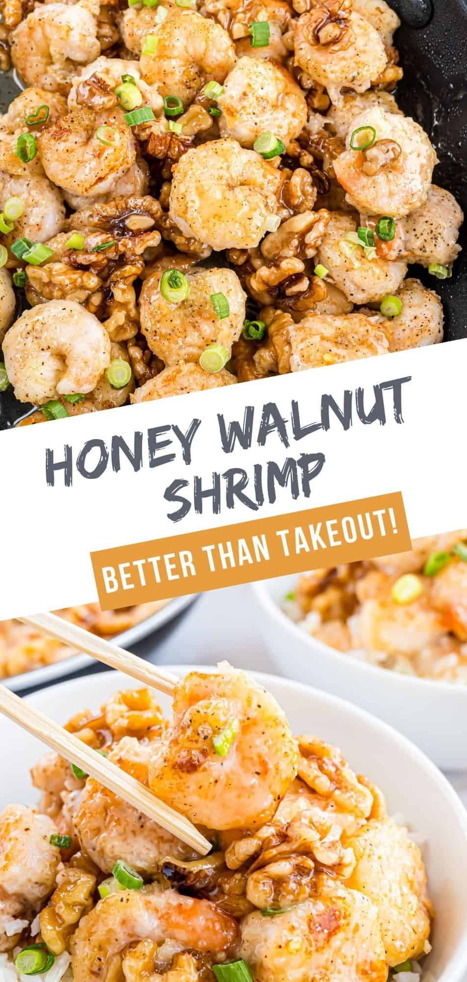 Honey Walnut Shrimp Pinterest graphic with text and photos.