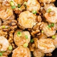 Honey Walnut Shrimp Pinterest graphic with text and photos.