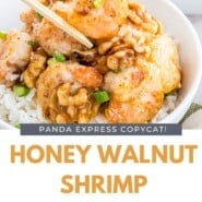 Honey Walnut Shrimp Pinterest graphic with text and photos.