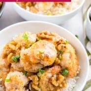 Honey Walnut Shrimp Pinterest graphic with text and photos.
