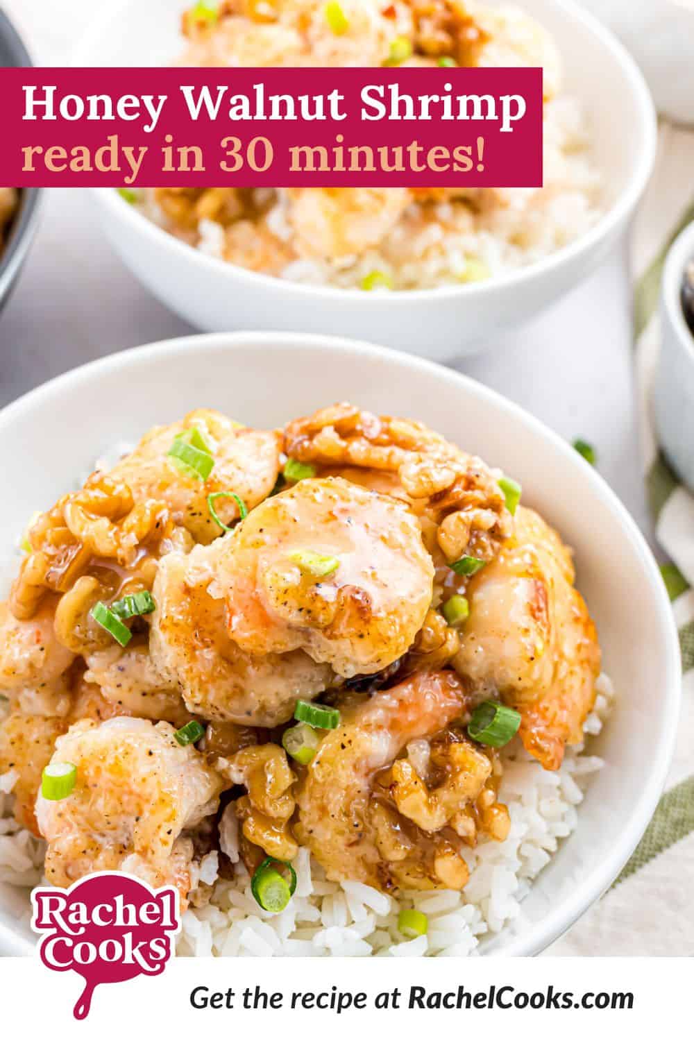 Honey Walnut Shrimp Pinterest graphic with text and photos.