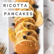Lemon ricotta pancakes Pinterest graphic with text and photos.