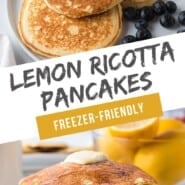 Lemon ricotta pancakes Pinterest graphic with text and photos.