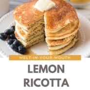 Lemon ricotta pancakes Pinterest graphic with text and photos.