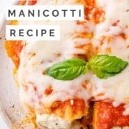 Manicotti Pinterest graphic with text and photos.