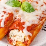 Manicotti Pinterest graphic with text and photos.