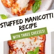 Manicotti Pinterest graphic with text and photos.