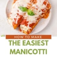 Manicotti Pinterest graphic with text and photos.