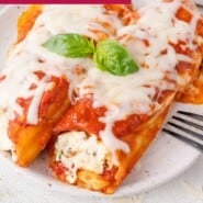 Manicotti Pinterest graphic with text and photos.