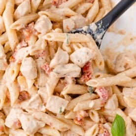 Close-up of creamy penne pasta with pieces of chicken and sun-dried tomatoes, garnished with fresh herbs, served on a black spoon.