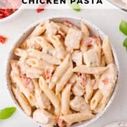 Marry Me Chicken Pasta Pinterest graphic with text and photos.