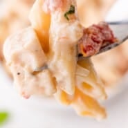 Marry Me Chicken Pasta Pinterest graphic with text and photos.