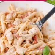 Marry Me Chicken Pasta Pinterest graphic with text and photos.