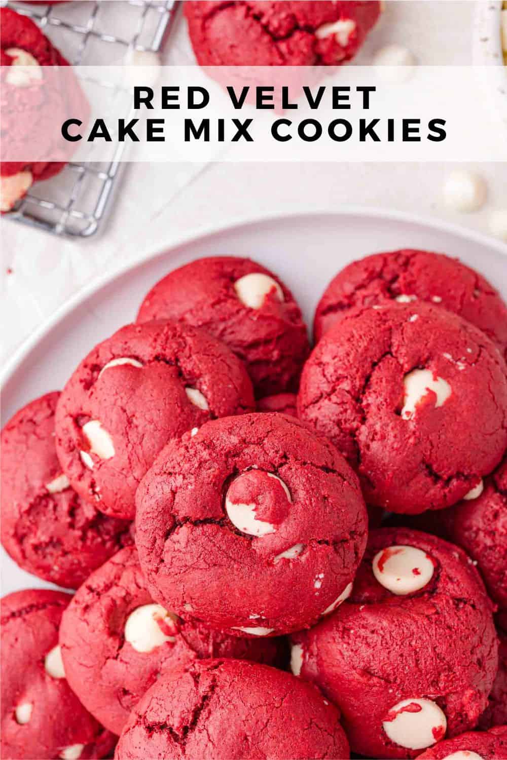 Red Velvet Cookies Pinterest graphic with text and photos.