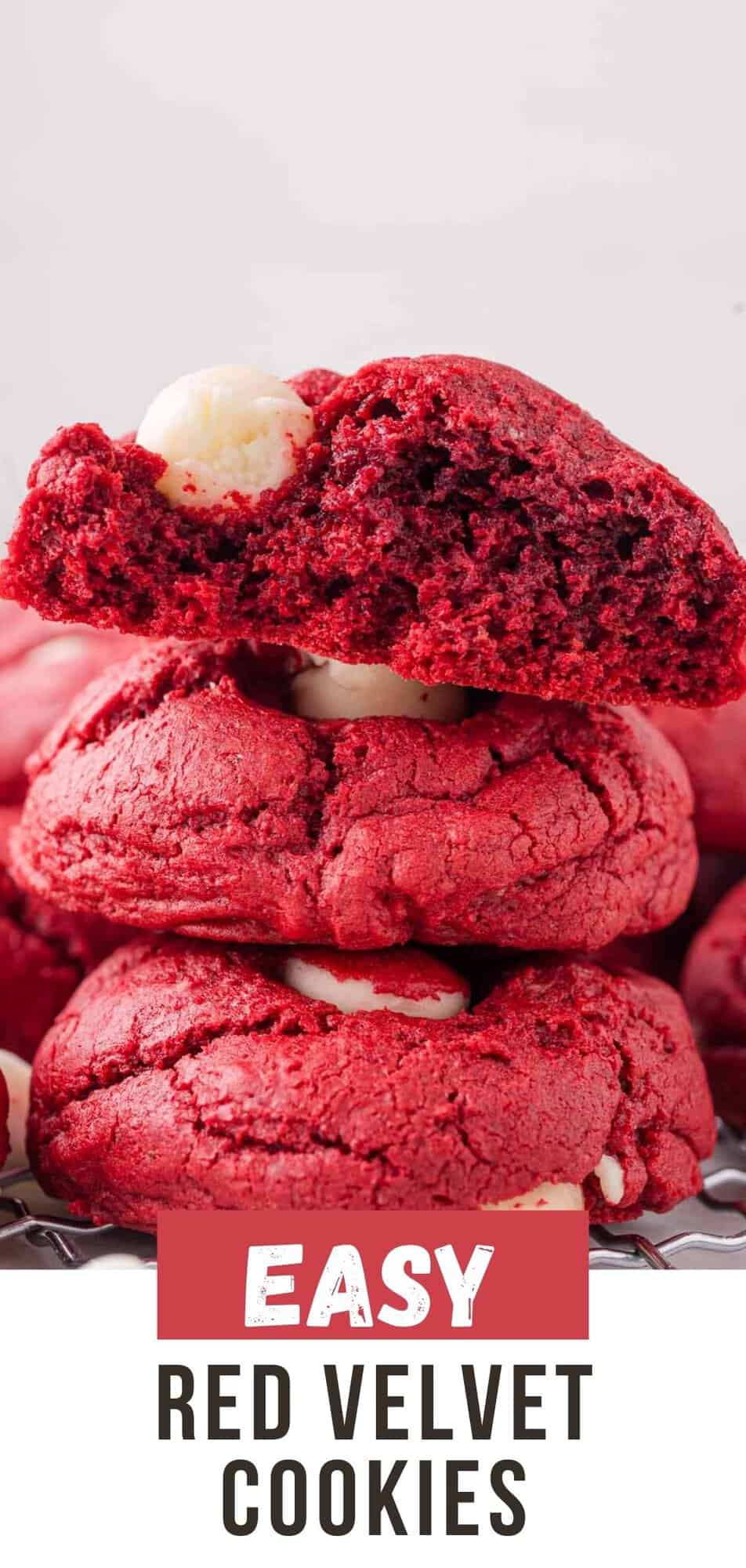 Red Velvet Cookies Pinterest graphic with text and photos.