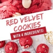Red Velvet Cookies Pinterest graphic with text and photos.