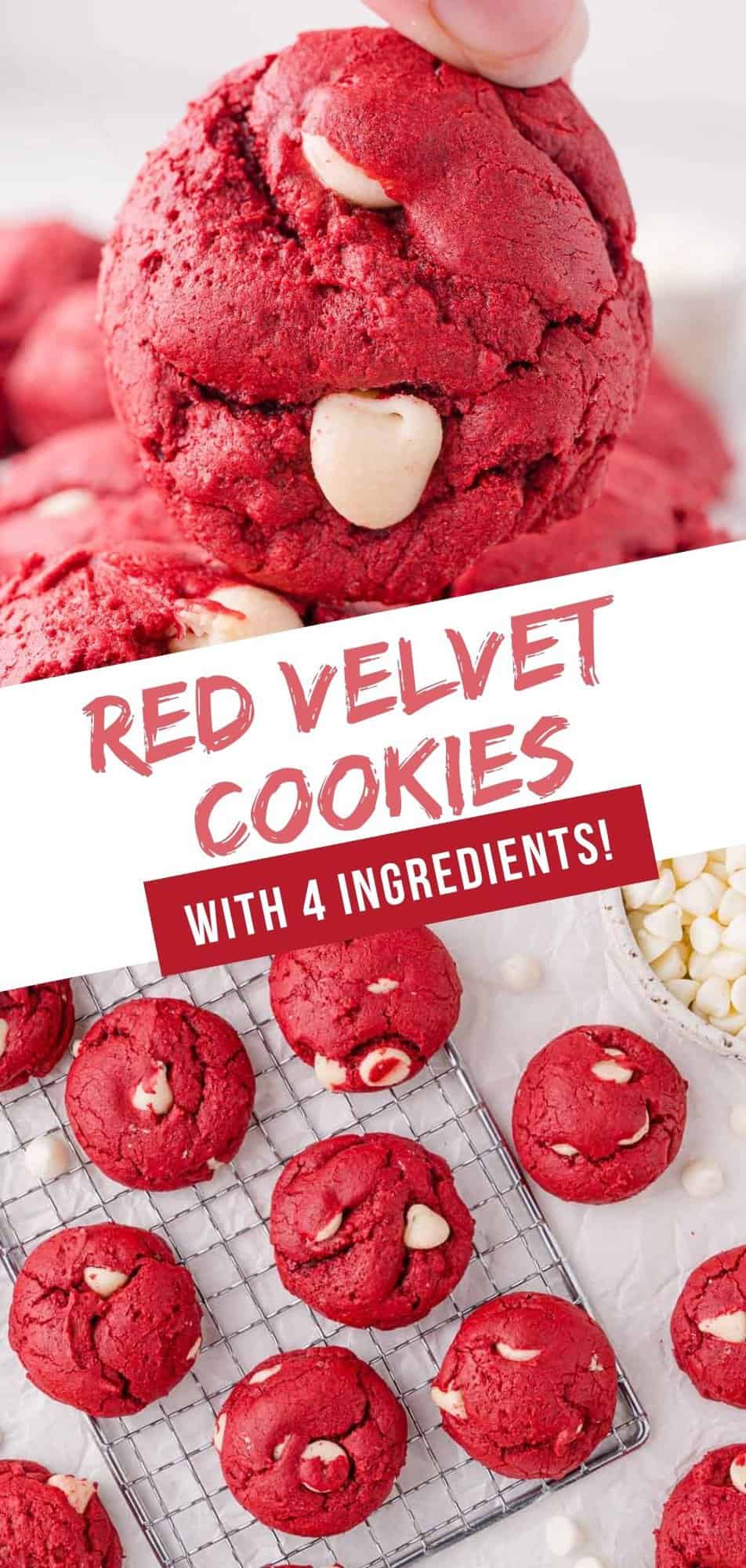 Red Velvet Cookies Pinterest graphic with text and photos.