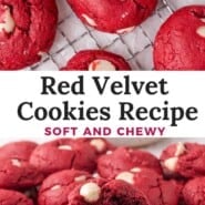 Red Velvet Cookies Pinterest graphic with text and photos.