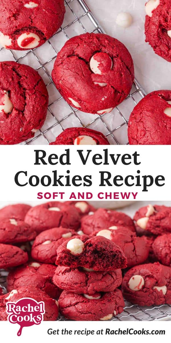 Red Velvet Cookies Pinterest graphic with text and photos.
