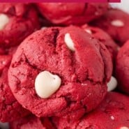 Red Velvet Cookies Pinterest graphic with text and photos.