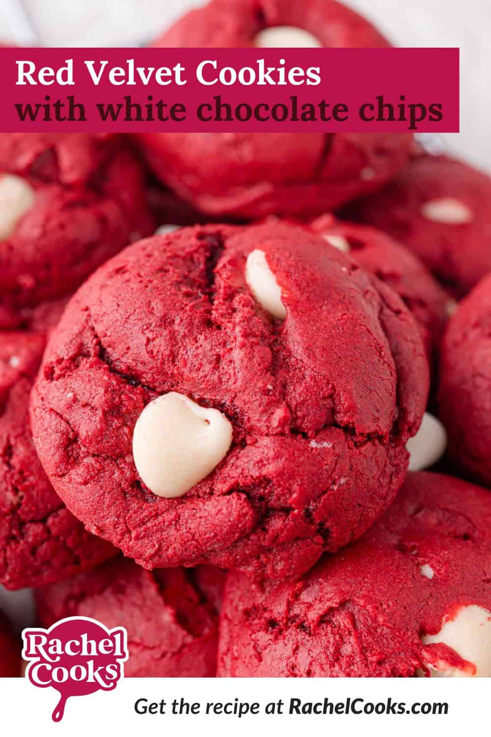 Red Velvet Cookies Pinterest graphic with text and photos.