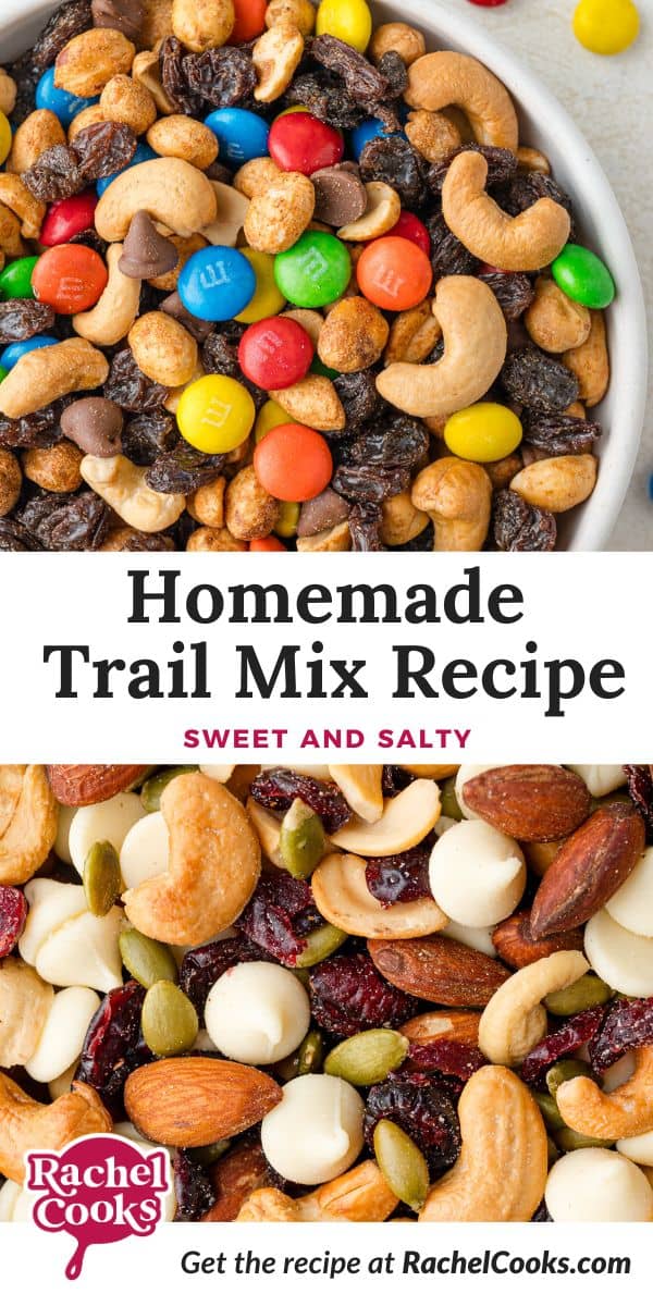 Trail Mix Recipe Pinterest graphic with text and photos.